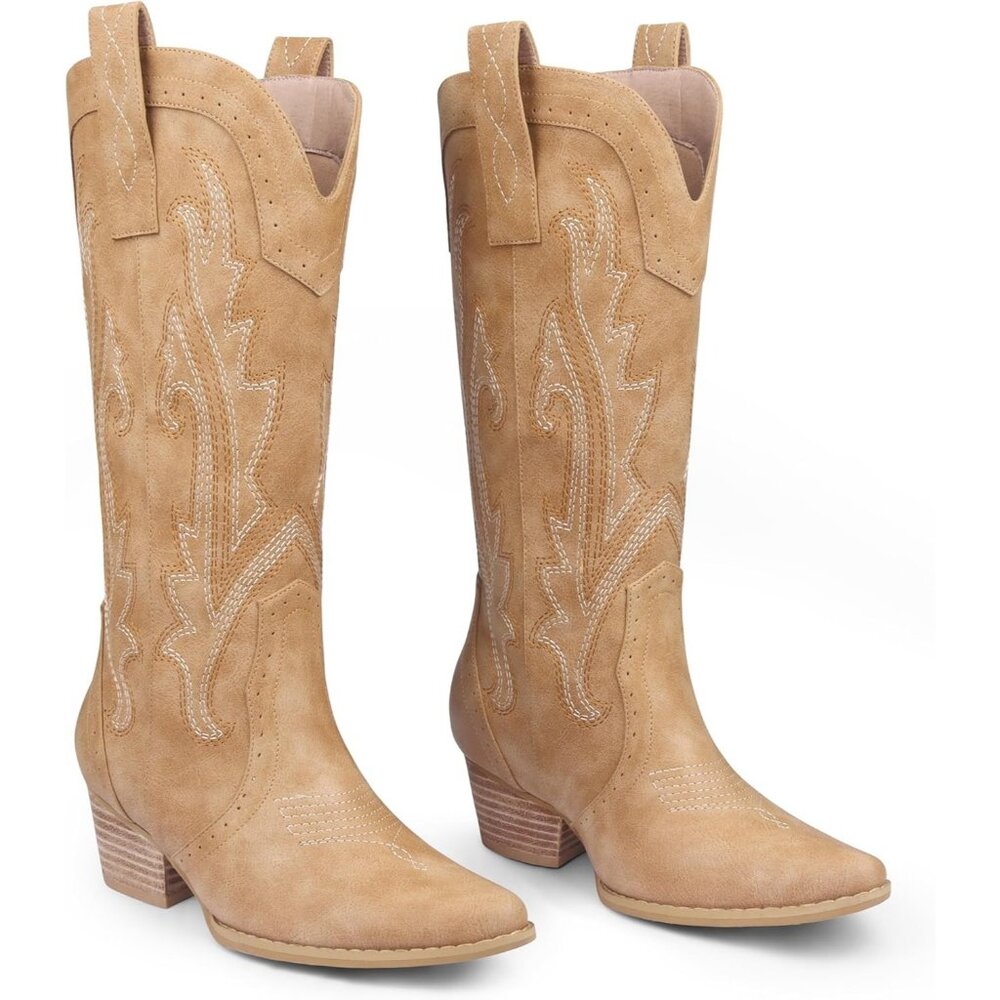 ⚡Women Brown Synthetic Mid-calf Cowboy Pointy Toe Chunky Heels Western Boots